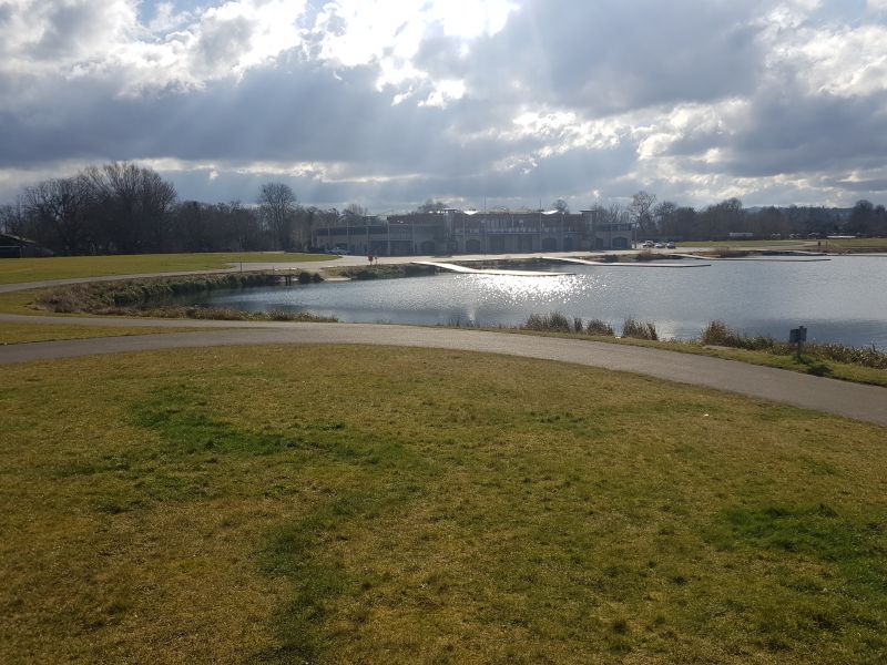 Eton College Dorney Lake with boat house in distance